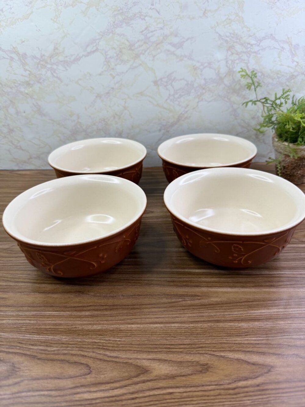 Set of 4 Pfaltzgraff Mission Flower Vine Scroll Brown Floral 6" Cereal Soup Bowl - Picture 4 of 10
